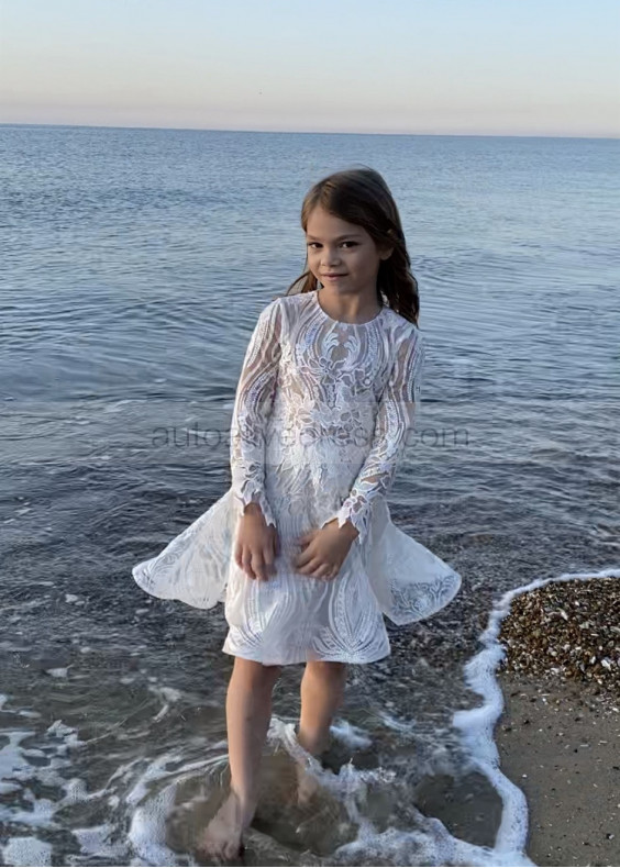 Long Sleeves White Lace Tulle Flower Girl Dress